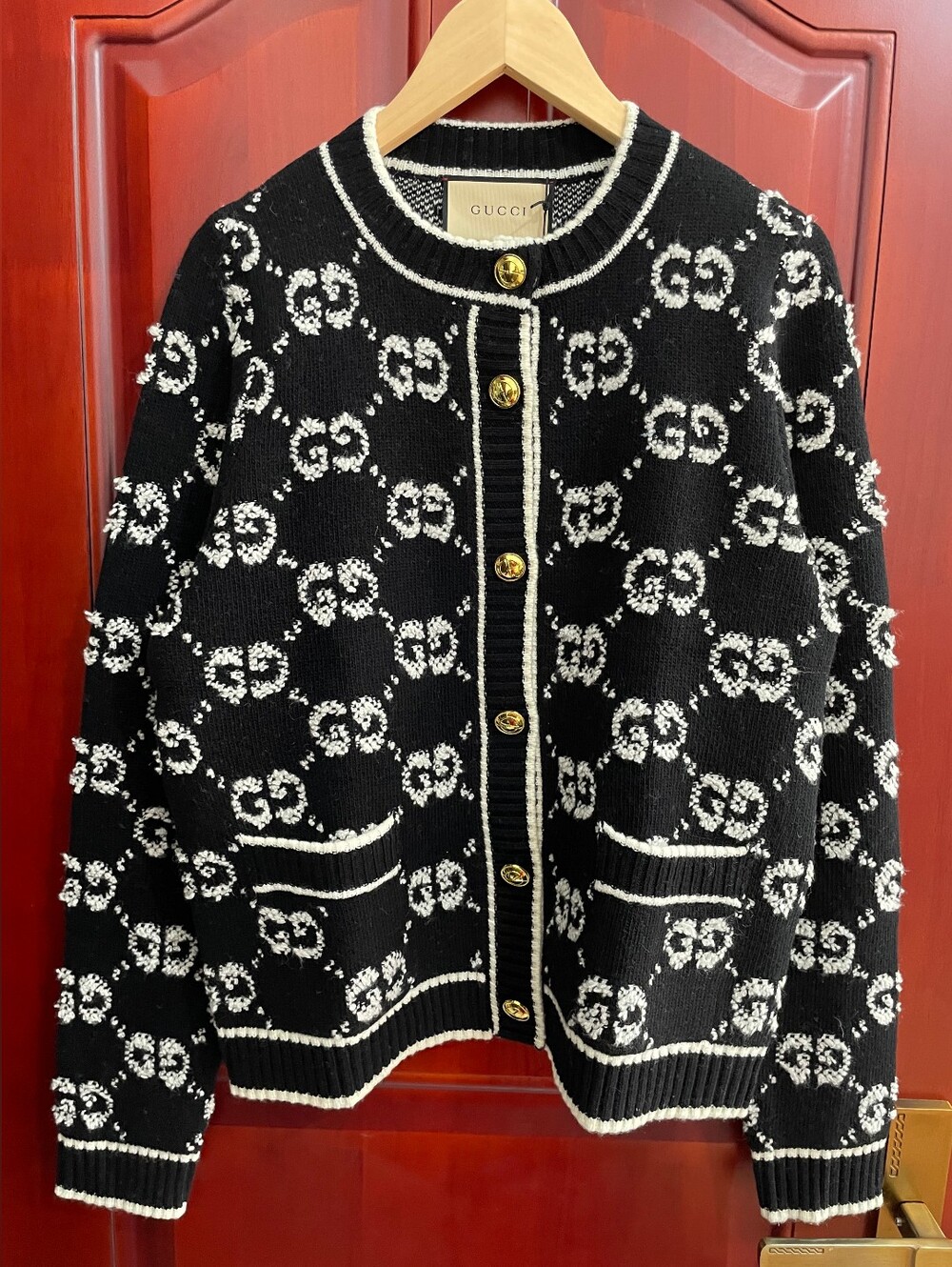 Gucci Black & White GG Logo Knit Cardigan Sweater